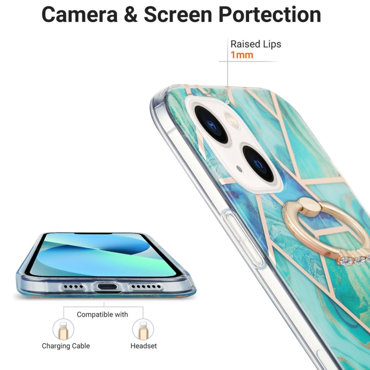For iPhone 14 Plus Electroplating Splicing Marble Pattern Dual-side IMD TPU Shockproof Case with Ring Holder