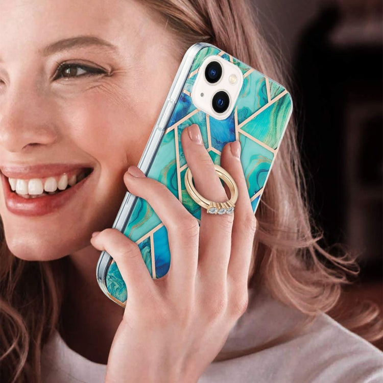 For iPhone 14 Plus Electroplating Splicing Marble Pattern Dual-side IMD TPU Shockproof Case with Ring Holder