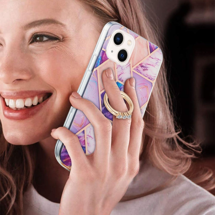 For iPhone 14 Plus Electroplating Splicing Marble Pattern Dual-side IMD TPU Shockproof Case with Ring Holder