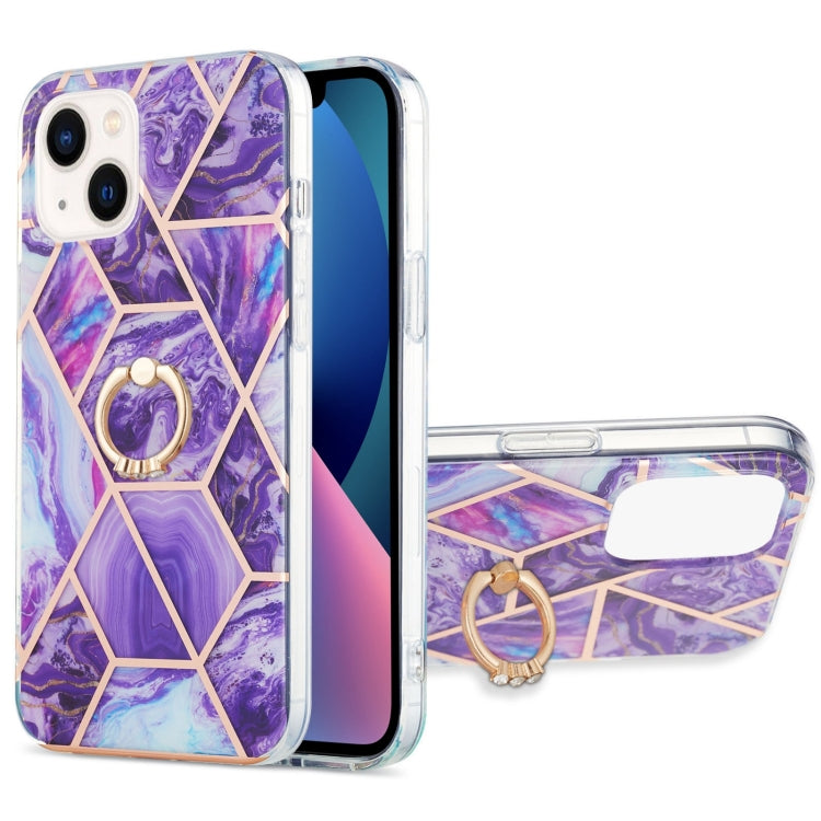 For iPhone 14 Plus Electroplating Splicing Marble Pattern Dual-side IMD TPU Shockproof Case with Ring Holder