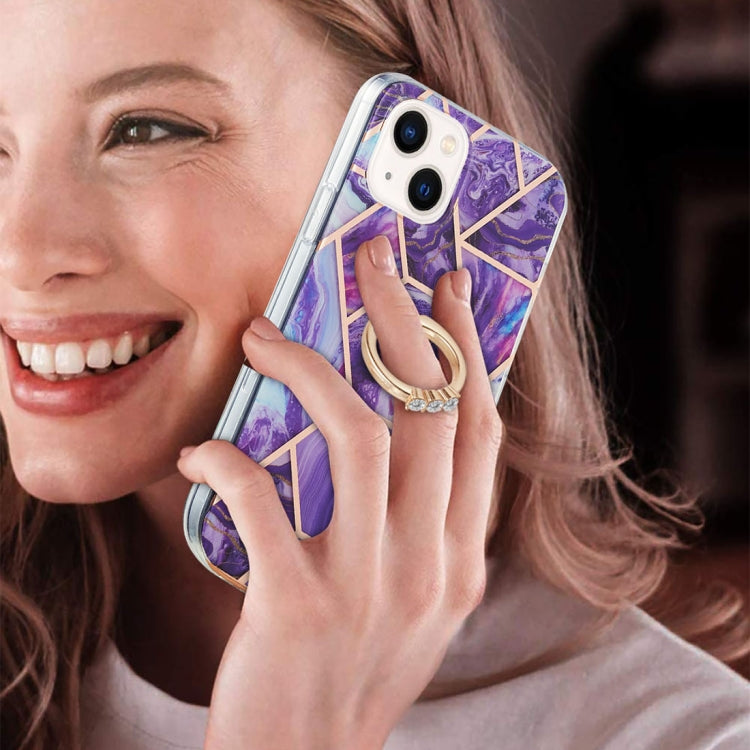 For iPhone 14 Plus Electroplating Splicing Marble Pattern Dual-side IMD TPU Shockproof Case with Ring Holder