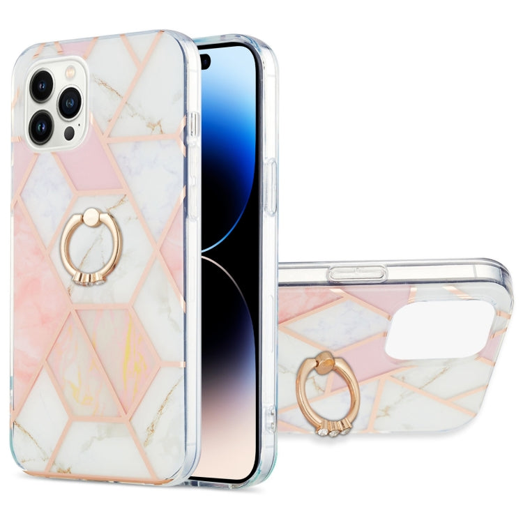 For iPhone 14 Pro Electroplating Splicing Marble Pattern Dual-side IMD TPU Shockproof Case with Ring Holder