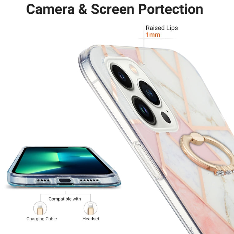 For iPhone 14 Pro Electroplating Splicing Marble Pattern Dual-side IMD TPU Shockproof Case with Ring Holder