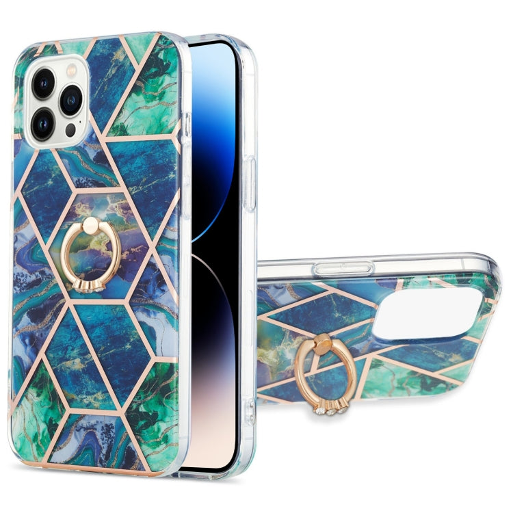 For iPhone 14 Pro Electroplating Splicing Marble Pattern Dual-side IMD TPU Shockproof Case with Ring Holder