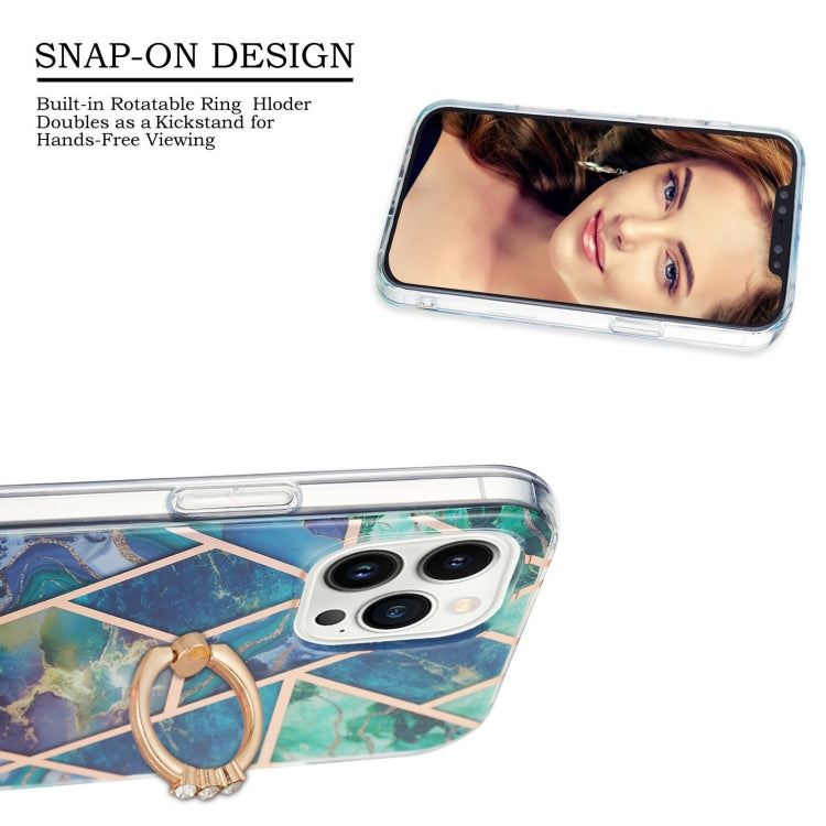 For iPhone 14 Pro Electroplating Splicing Marble Pattern Dual-side IMD TPU Shockproof Case with Ring Holder