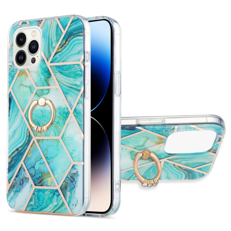 For iPhone 14 Pro Electroplating Splicing Marble Pattern Dual-side IMD TPU Shockproof Case with Ring Holder