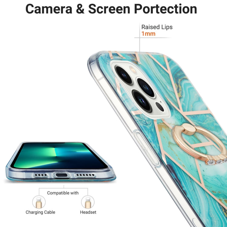 For iPhone 14 Pro Electroplating Splicing Marble Pattern Dual-side IMD TPU Shockproof Case with Ring Holder
