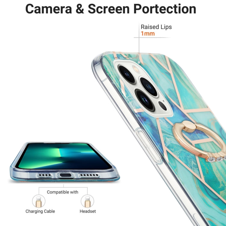 For iPhone 14 Pro Electroplating Splicing Marble Pattern Dual-side IMD TPU Shockproof Case with Ring Holder