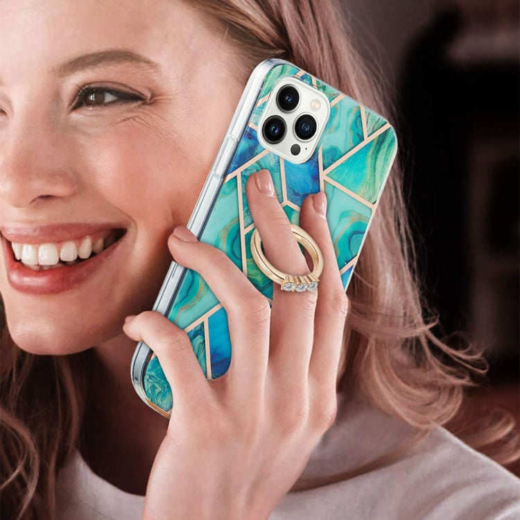 For iPhone 14 Pro Electroplating Splicing Marble Pattern Dual-side IMD TPU Shockproof Case with Ring Holder