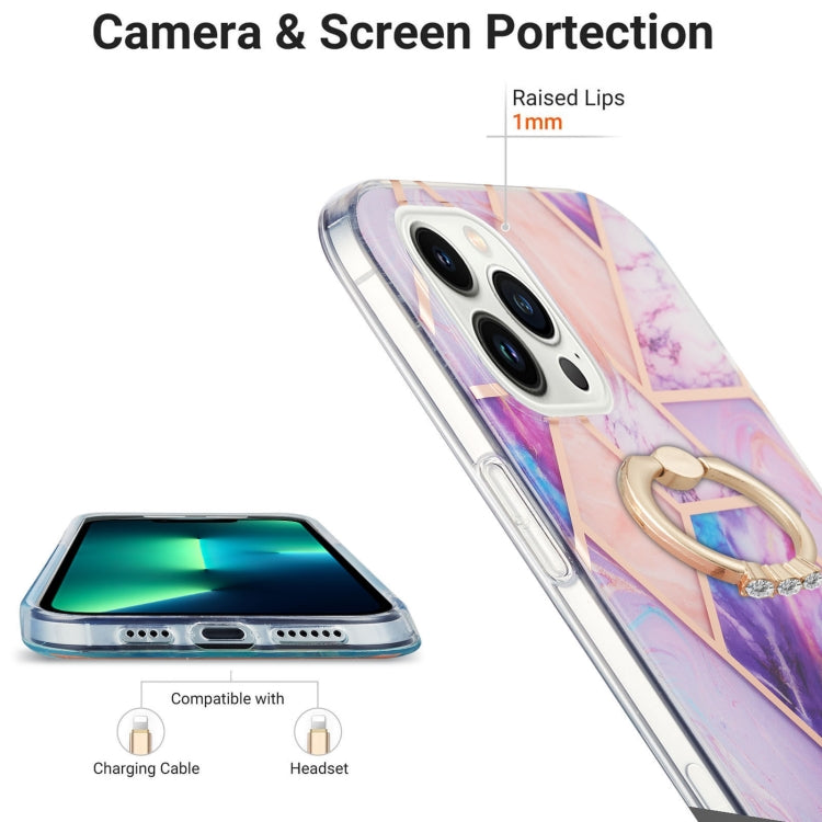 For iPhone 14 Pro Electroplating Splicing Marble Pattern Dual-side IMD TPU Shockproof Case with Ring Holder