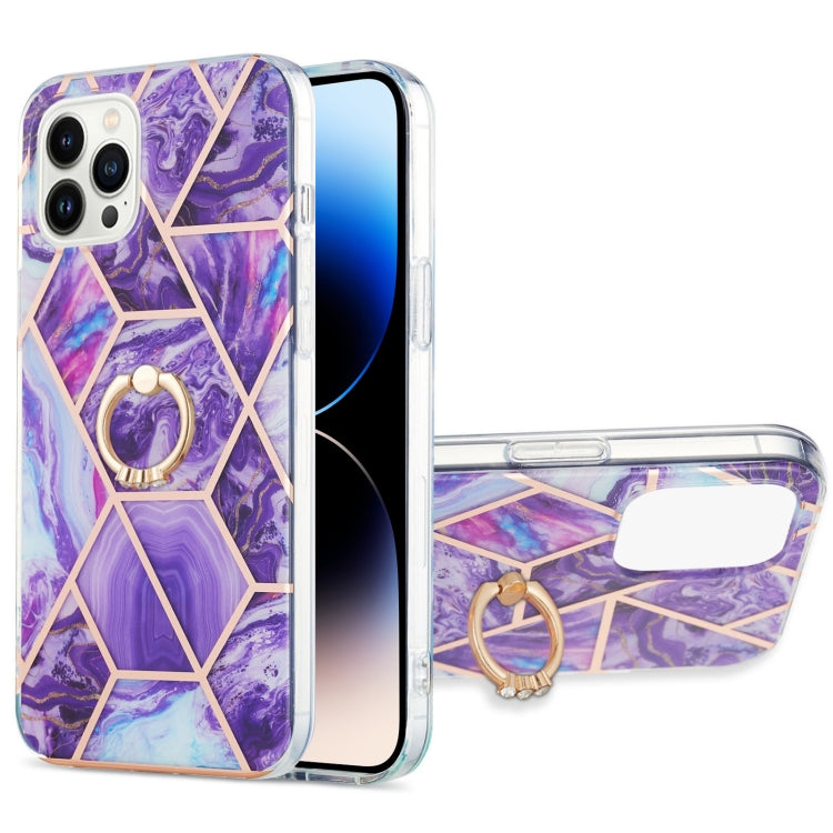 For iPhone 14 Pro Electroplating Splicing Marble Pattern Dual-side IMD TPU Shockproof Case with Ring Holder