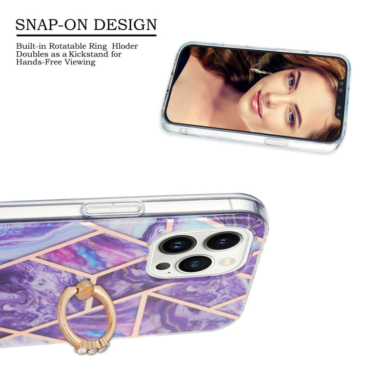 For iPhone 14 Pro Electroplating Splicing Marble Pattern Dual-side IMD TPU Shockproof Case with Ring Holder