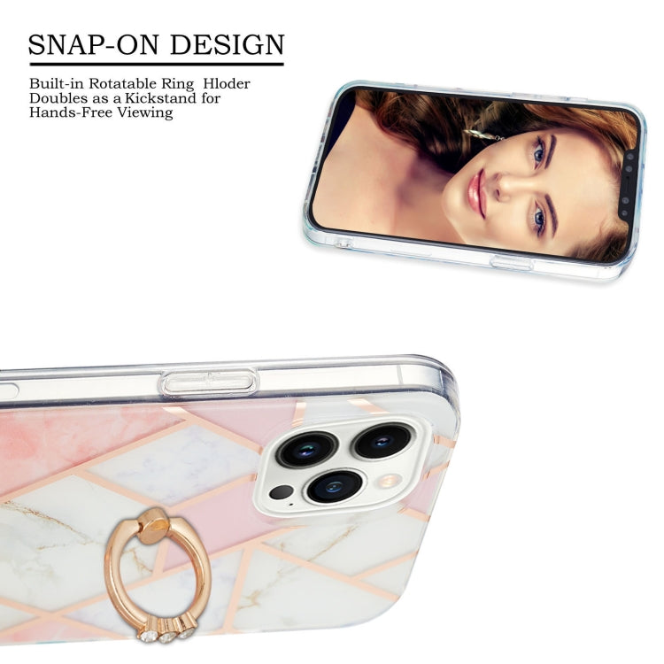 For iPhone 14 Pro Max Electroplating Splicing Marble Pattern Dual-side IMD TPU Shockproof Case with Ring Holder