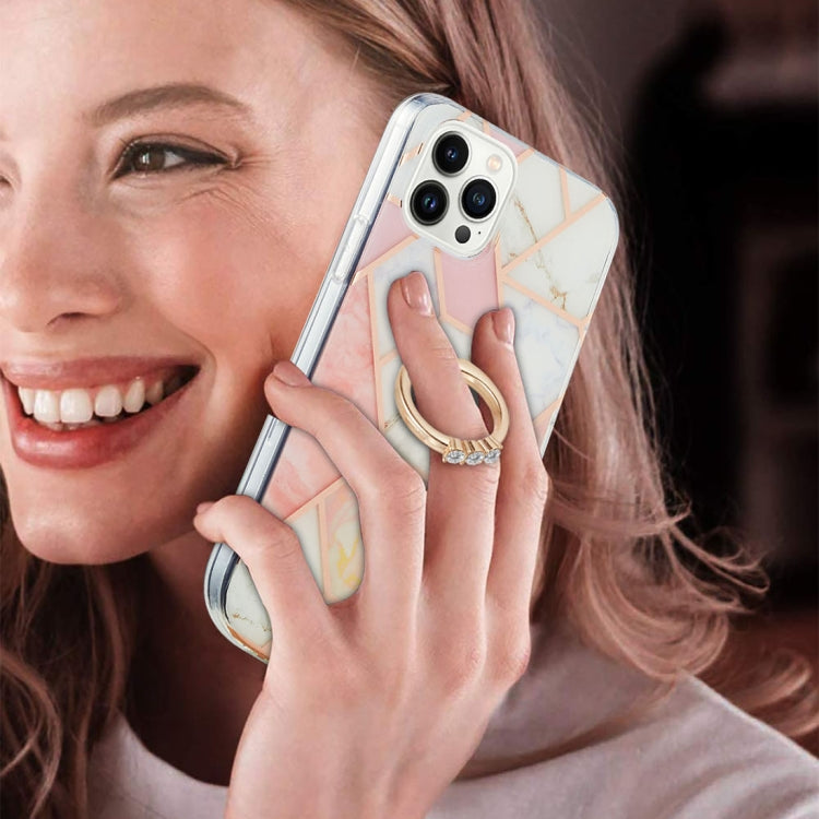 For iPhone 14 Pro Max Electroplating Splicing Marble Pattern Dual-side IMD TPU Shockproof Case with Ring Holder