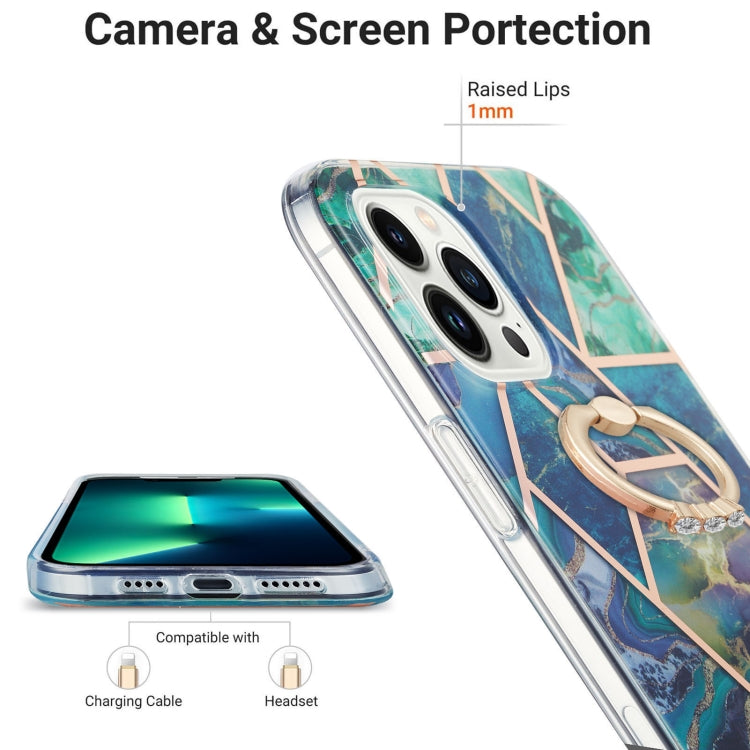 For iPhone 14 Pro Max Electroplating Splicing Marble Pattern Dual-side IMD TPU Shockproof Case with Ring Holder