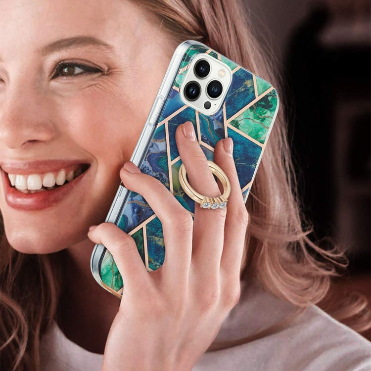 For iPhone 14 Pro Max Electroplating Splicing Marble Pattern Dual-side IMD TPU Shockproof Case with Ring Holder