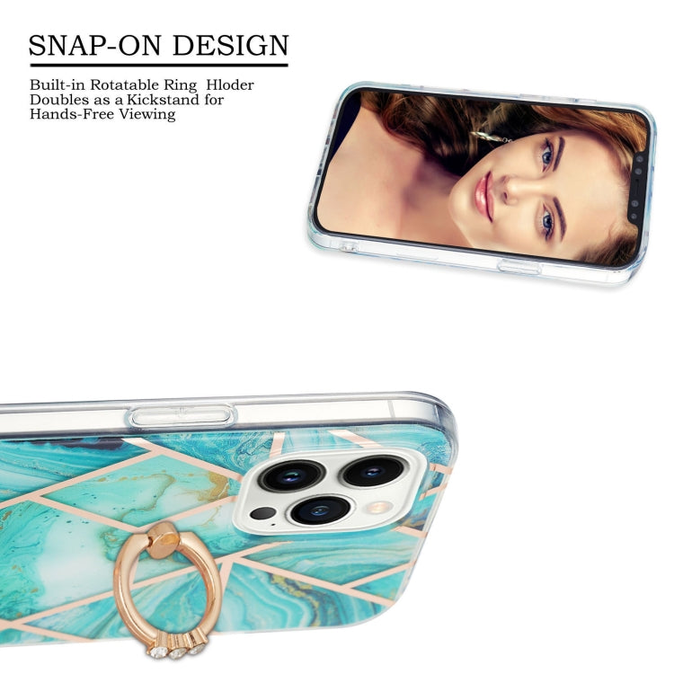 For iPhone 14 Pro Max Electroplating Splicing Marble Pattern Dual-side IMD TPU Shockproof Case with Ring Holder