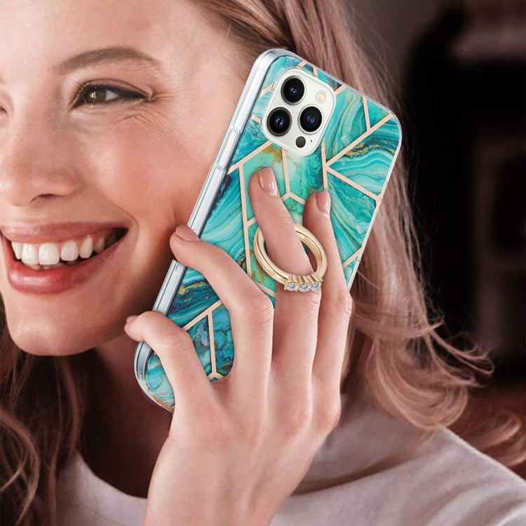 For iPhone 14 Pro Max Electroplating Splicing Marble Pattern Dual-side IMD TPU Shockproof Case with Ring Holder