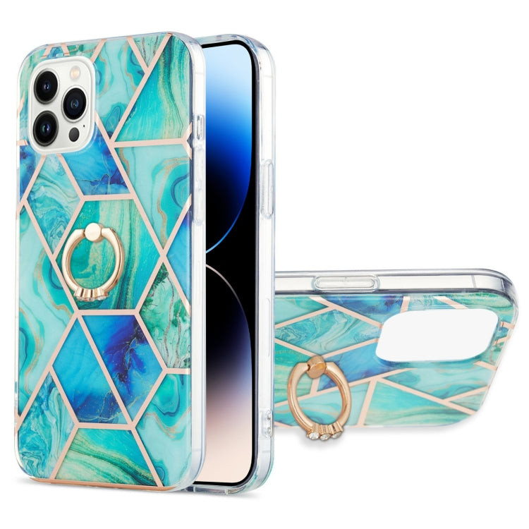 For iPhone 14 Pro Max Electroplating Splicing Marble Pattern Dual-side IMD TPU Shockproof Case with Ring Holder