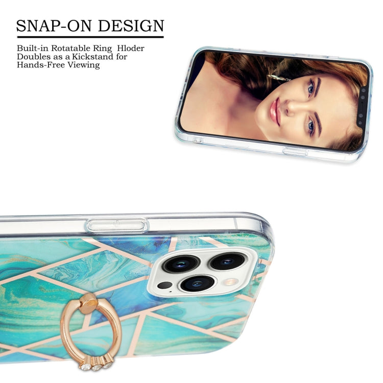 For iPhone 14 Pro Max Electroplating Splicing Marble Pattern Dual-side IMD TPU Shockproof Case with Ring Holder