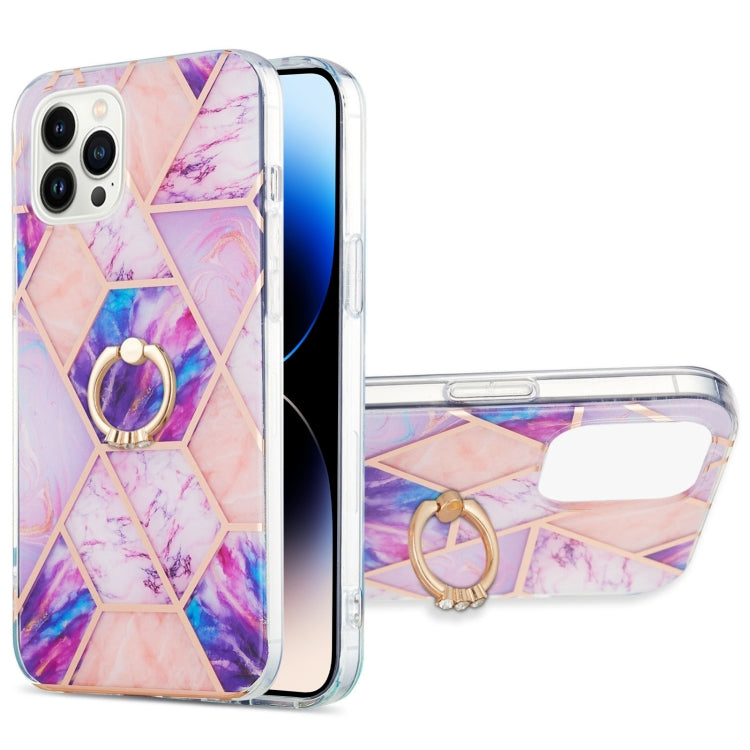 For iPhone 14 Pro Max Electroplating Splicing Marble Pattern Dual-side IMD TPU Shockproof Case with Ring Holder