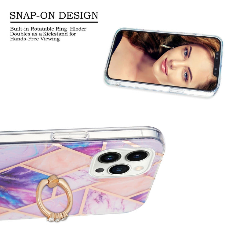 For iPhone 14 Pro Max Electroplating Splicing Marble Pattern Dual-side IMD TPU Shockproof Case with Ring Holder