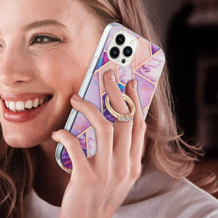 For iPhone 14 Pro Max Electroplating Splicing Marble Pattern Dual-side IMD TPU Shockproof Case with Ring Holder