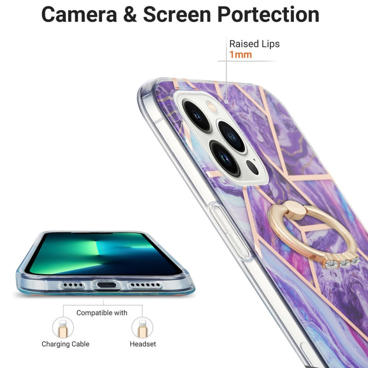 For iPhone 14 Pro Max Electroplating Splicing Marble Pattern Dual-side IMD TPU Shockproof Case with Ring Holder