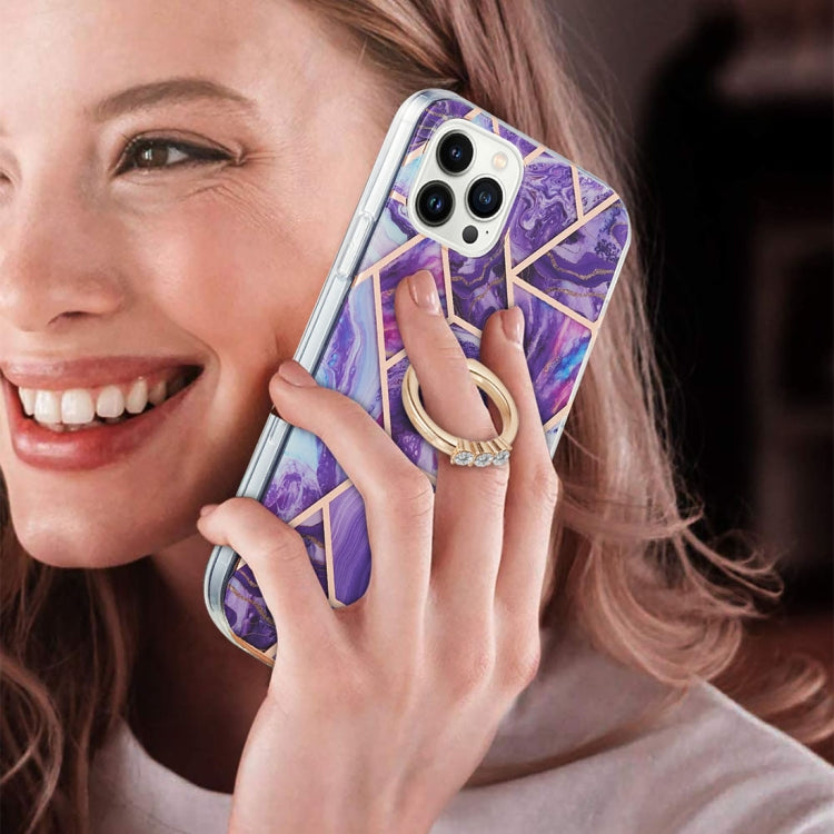 For iPhone 14 Pro Max Electroplating Splicing Marble Pattern Dual-side IMD TPU Shockproof Case with Ring Holder