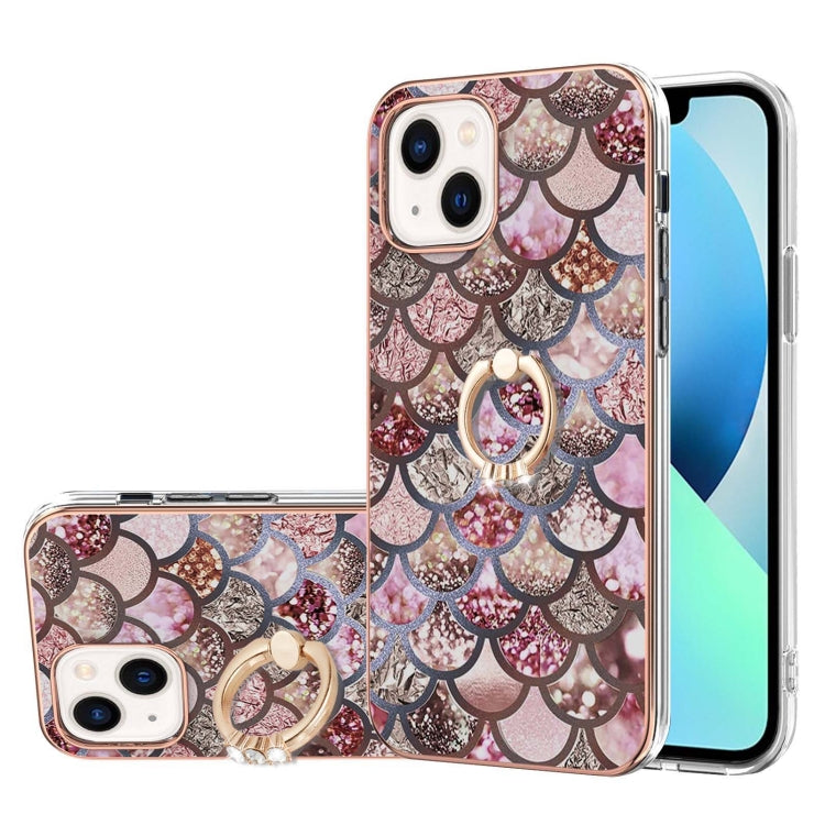 For iPhone 14 Electroplating Pattern IMD TPU Shockproof Case with Rhinestone Ring Holder