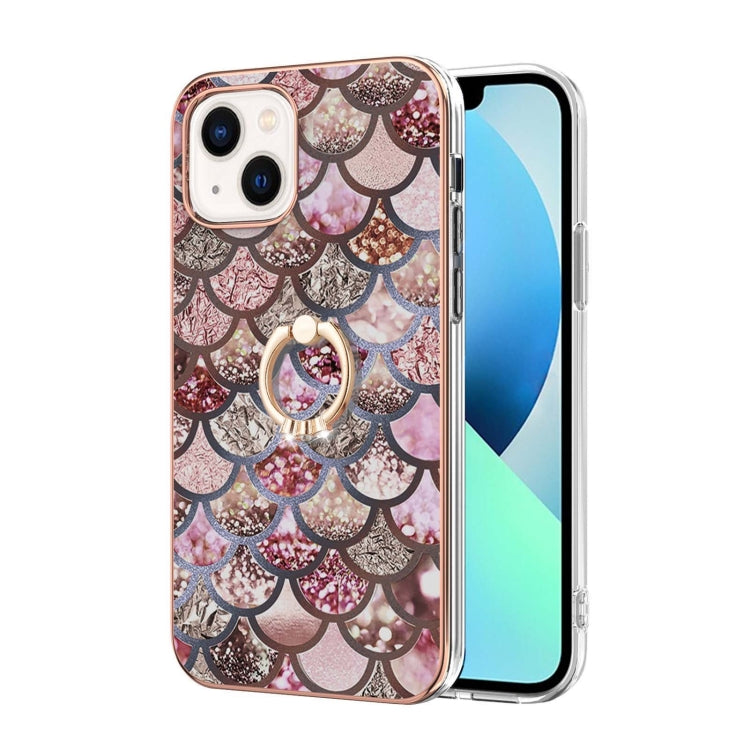 For iPhone 14 Electroplating Pattern IMD TPU Shockproof Case with Rhinestone Ring Holder