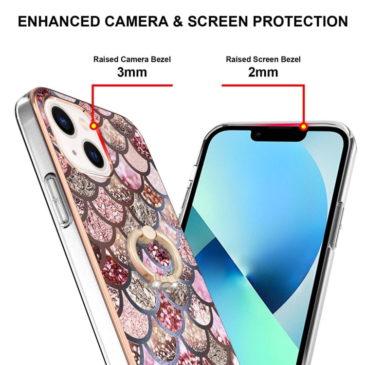 For iPhone 14 Electroplating Pattern IMD TPU Shockproof Case with Rhinestone Ring Holder