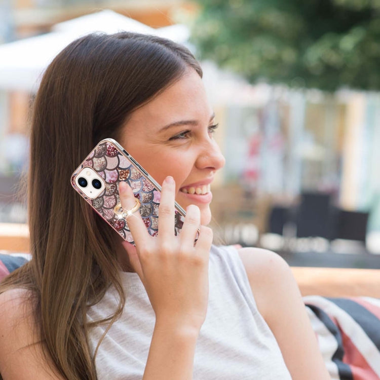 For iPhone 14 Electroplating Pattern IMD TPU Shockproof Case with Rhinestone Ring Holder
