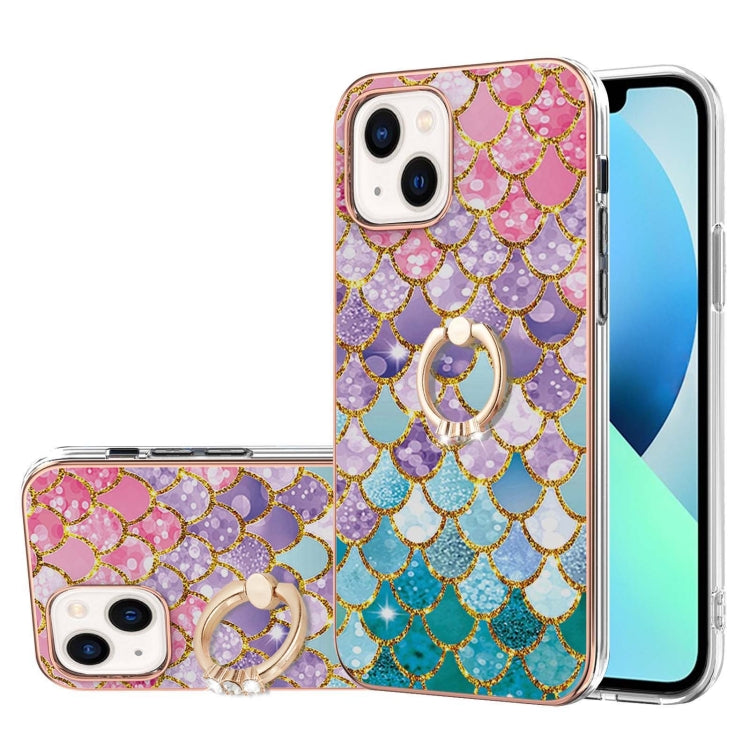 For iPhone 14 Electroplating Pattern IMD TPU Shockproof Case with Rhinestone Ring Holder