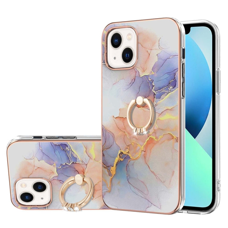 For iPhone 14 Electroplating Pattern IMD TPU Shockproof Case with Rhinestone Ring Holder