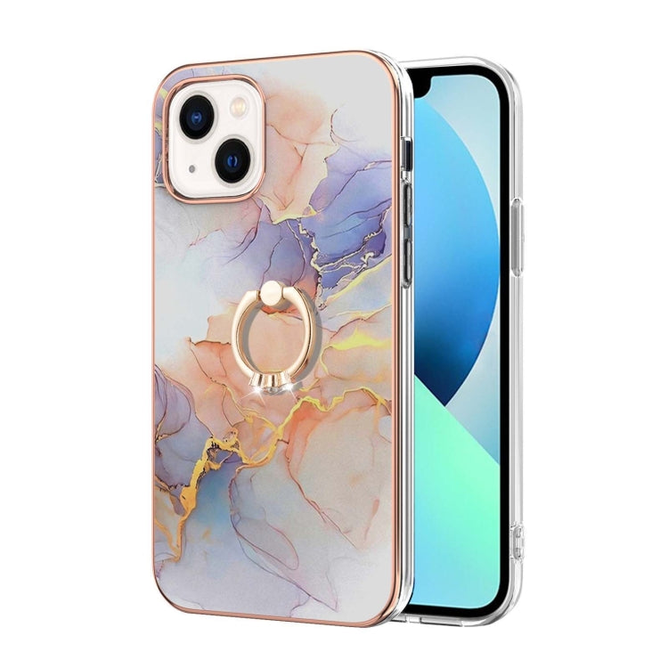 For iPhone 14 Electroplating Pattern IMD TPU Shockproof Case with Rhinestone Ring Holder