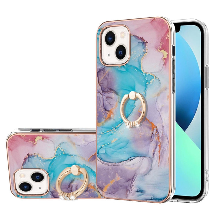 For iPhone 14 Electroplating Pattern IMD TPU Shockproof Case with Rhinestone Ring Holder