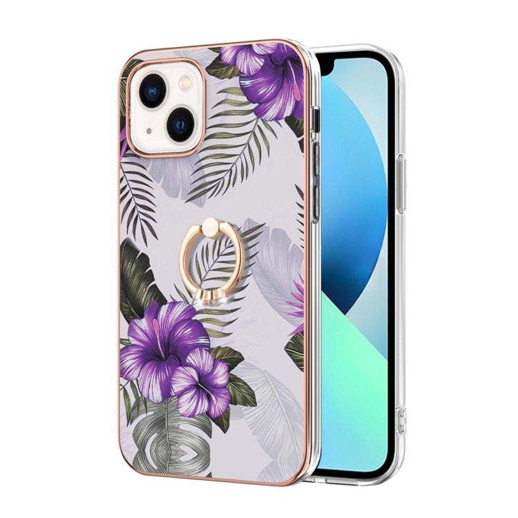 For iPhone 14 Electroplating Pattern IMD TPU Shockproof Case with Rhinestone Ring Holder