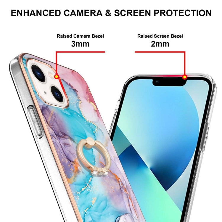 For iPhone 14 Plus Electroplating Pattern IMD TPU Shockproof Case with Rhinestone Ring Holder