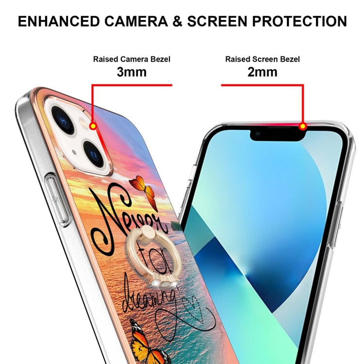 For iPhone 14 Plus Electroplating Pattern IMD TPU Shockproof Case with Rhinestone Ring Holder