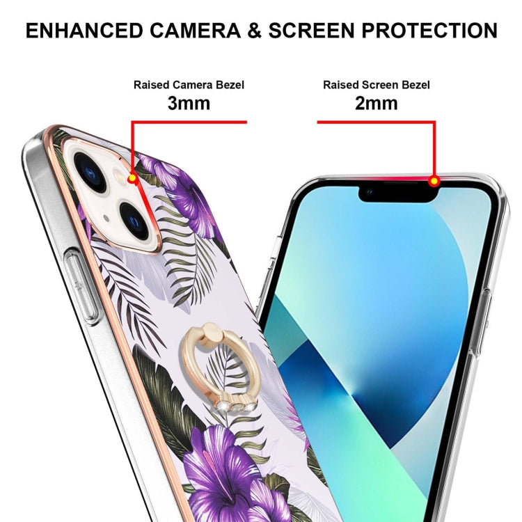For iPhone 14 Plus Electroplating Pattern IMD TPU Shockproof Case with Rhinestone Ring Holder