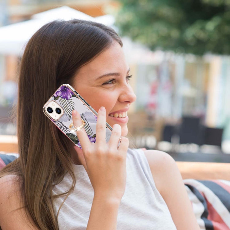For iPhone 14 Plus Electroplating Pattern IMD TPU Shockproof Case with Rhinestone Ring Holder