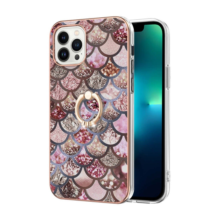 For iPhone 14 Pro Electroplating Pattern IMD TPU Shockproof Case with Rhinestone Ring Holder