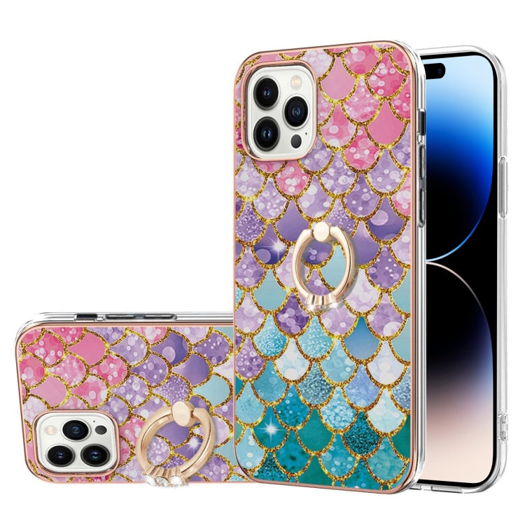 For iPhone 14 Pro Electroplating Pattern IMD TPU Shockproof Case with Rhinestone Ring Holder