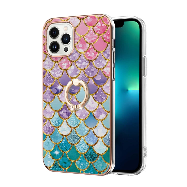 For iPhone 14 Pro Electroplating Pattern IMD TPU Shockproof Case with Rhinestone Ring Holder