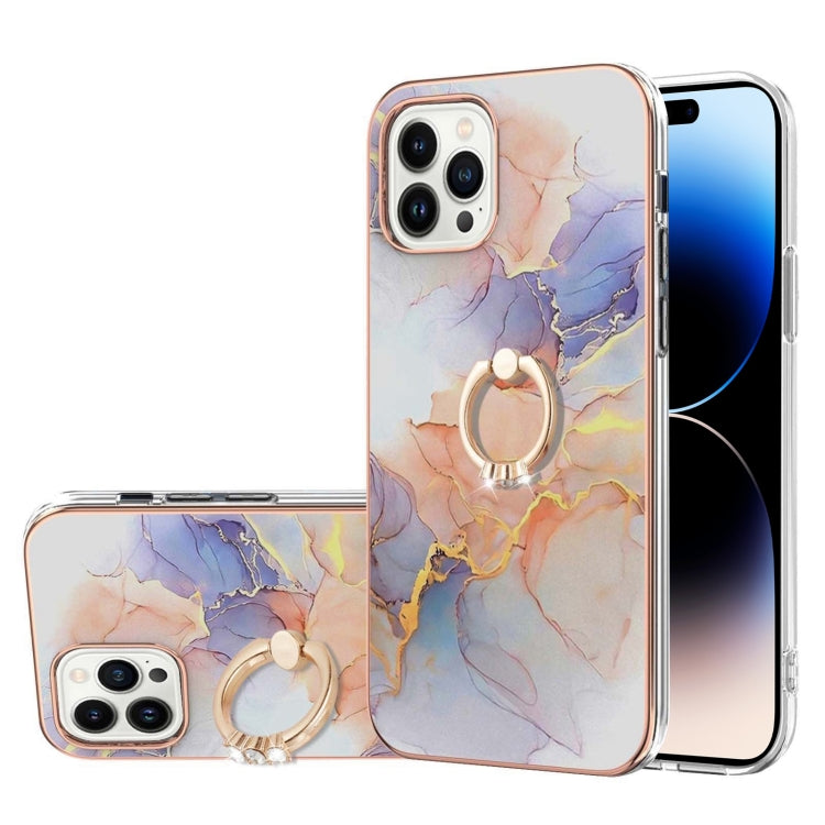 For iPhone 14 Pro Electroplating Pattern IMD TPU Shockproof Case with Rhinestone Ring Holder