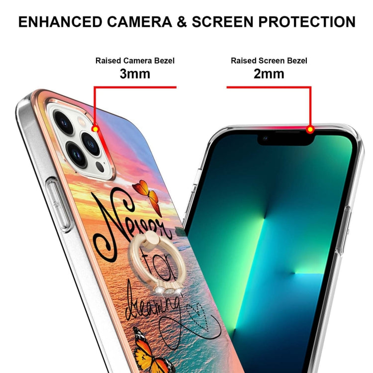 For iPhone 14 Pro Electroplating Pattern IMD TPU Shockproof Case with Rhinestone Ring Holder