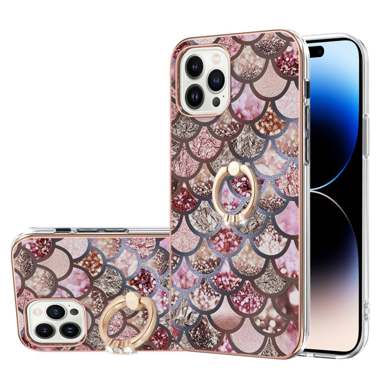 For iPhone 14 Pro Max Electroplating Pattern IMD TPU Shockproof Case with Rhinestone Ring Holder