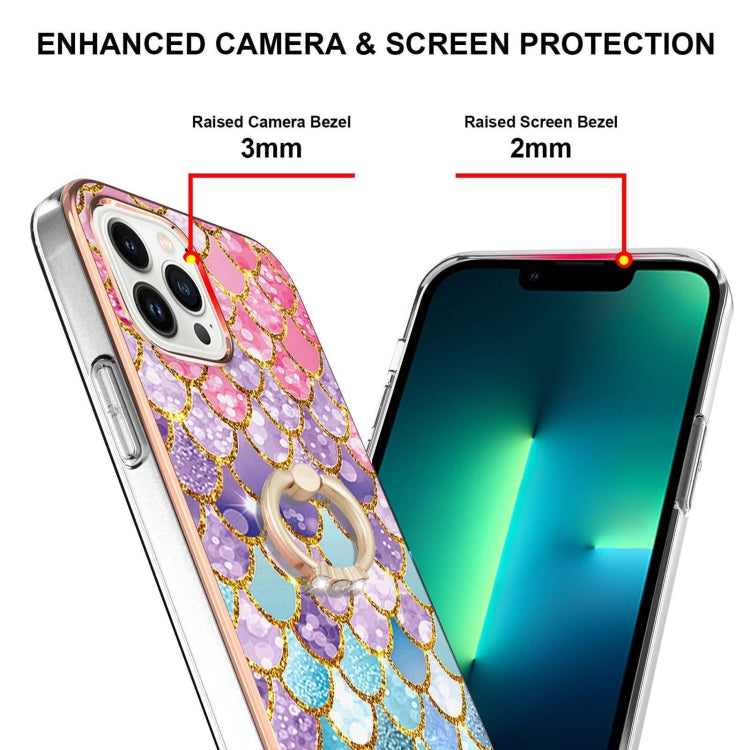 For iPhone 14 Pro Max Electroplating Pattern IMD TPU Shockproof Case with Rhinestone Ring Holder