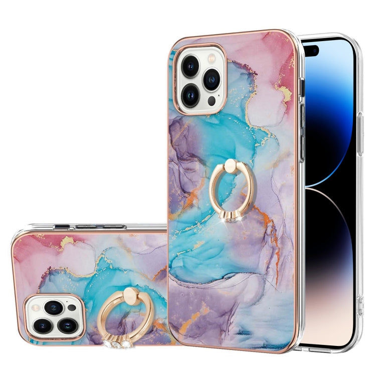 For iPhone 14 Pro Max Electroplating Pattern IMD TPU Shockproof Case with Rhinestone Ring Holder